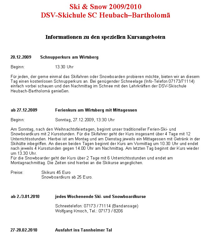 Skikurse Spezielles